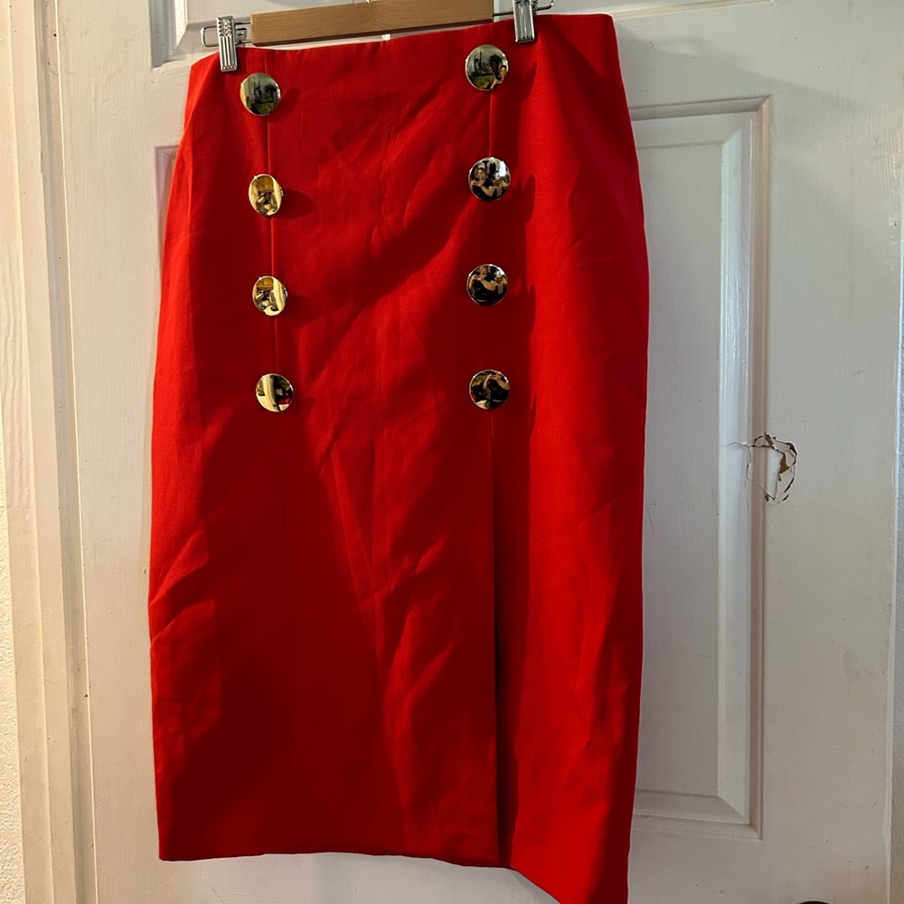 Zara Red Pencil Skirt with Gold Buttons